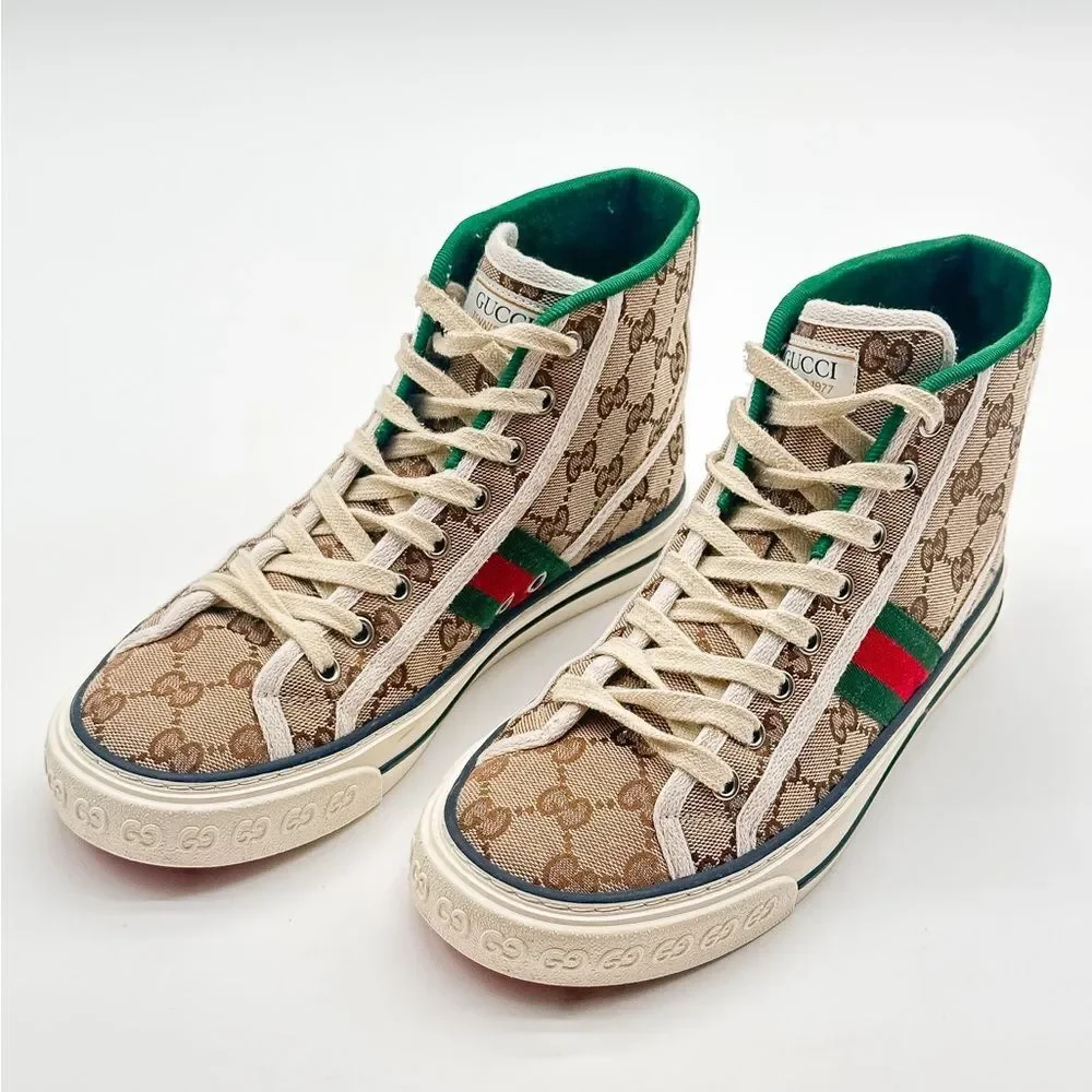 Gucci Tennis 1977 GG Monogram High Top Womens Sneakers Beige Tan EU 37.5 US 7.5